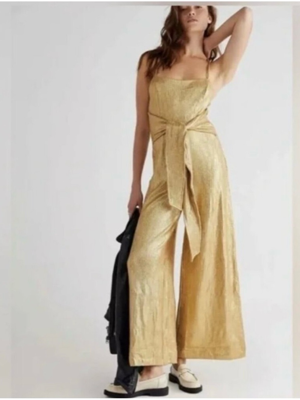 Free People Metallic Gold Wide-Leg Jumpsuit with Waist Tie